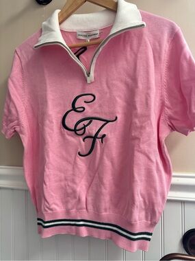 English Factory Pink Short Sleeve Zip-Neck Knit Top with Monogram